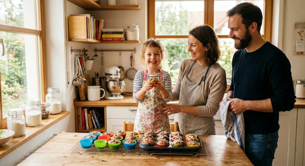 Glückliches Kind mit Silikon Backform für Kinder in der Küche